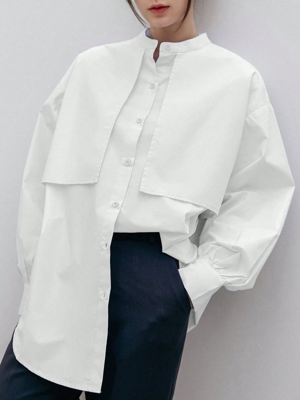 White Casual Oversized Drop Shoulder Button Stand Collar Long Sleeve Shirt